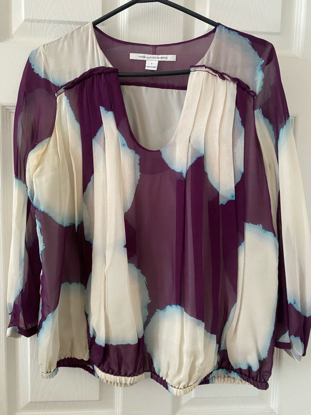 Diane Von Furstenberg Plum and Cream Sheer Silk Blouse